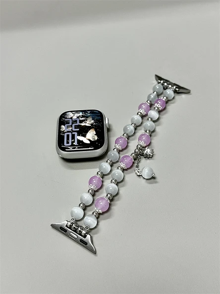 Beyaz Mor Kedi Gözü Boncuklu Apple Watch Kordonu - S10 (42mm) - 2