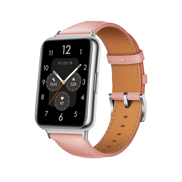Huawei Watch Fit/NEW/Elegant Deri Kordon - Siyah Konnektör - Pembe