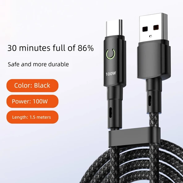 100W Süper Hızlı Şarj Type-C Data Kablosu 6A/5A - 1.5 m - Hilal Parlak Güvenlikli