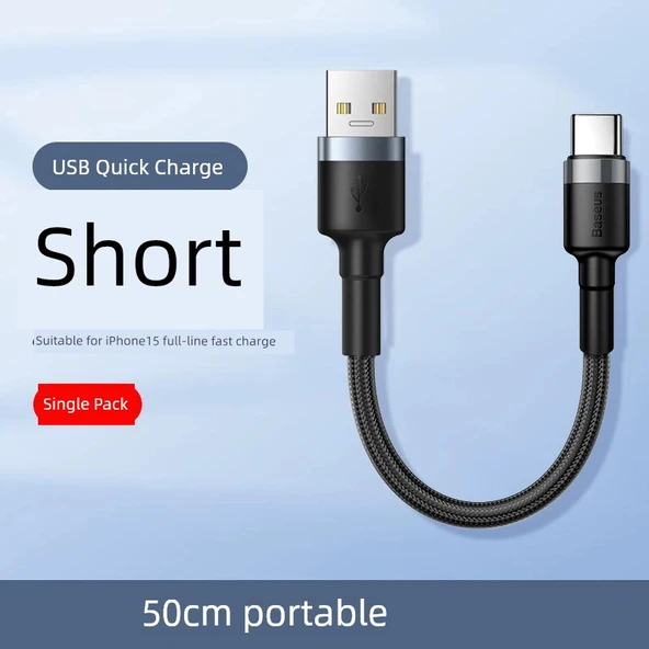 iPhone 15 için 50cm Siyah Örgülü USB Hızlı Şarj Kablosu
