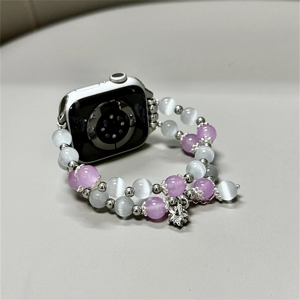 Beyaz Mor Kedi Gözü Boncuklu Apple Watch Kordonu - S10 (42mm) - 9