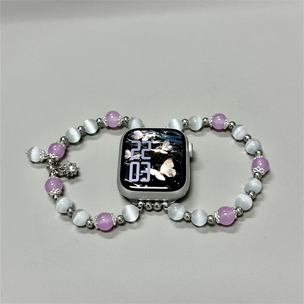 Beyaz Mor Kedi Gözü Boncuklu Apple Watch Kordonu - S10 (42mm) - 11
