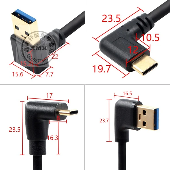 USB 3.0 - Type-C Dirsekli Hızlı Şarj Kablosu - 1.5m - USB Düz - Type-C Açılı - 9
