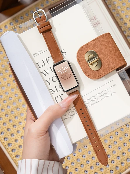 Huawei Bileklik 9/8/NFC Uyumlu Kahve Rengi Rose Gold Tokalı Deri Kordon