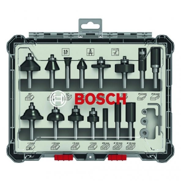 Bosch Freze Seti 15 Parça Karışık 8 mm 2607017472