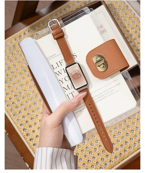Huawei Bileklik 9/8/NFC Uyumlu Kahve Rengi Rose Gold Tokalı Deri Kordon - 8