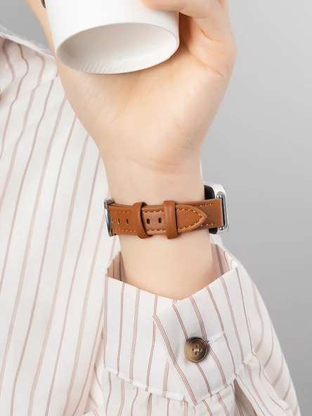 Huawei Bileklik 9/8/NFC Uyumlu Kahve Rengi Rose Gold Tokalı Deri Kordon - 3