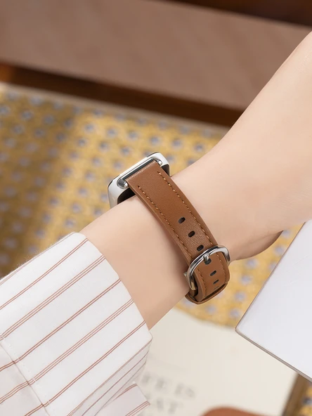 Huawei Bileklik 9/8/NFC Uyumlu Kahve Rengi Rose Gold Tokalı Deri Kordon - 6