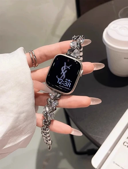 OPPO Watch 4 Pro için Uhada Kalp Polo Metal Kordon - Kalp Desenli Gümüş