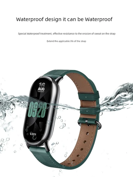 Xiaomi Mi Band 8/9 NFC Uyumlu Deri Kordon - Zeytin Yeşili + Siyah Bağlantı + Ekran Koruyucu - 3
