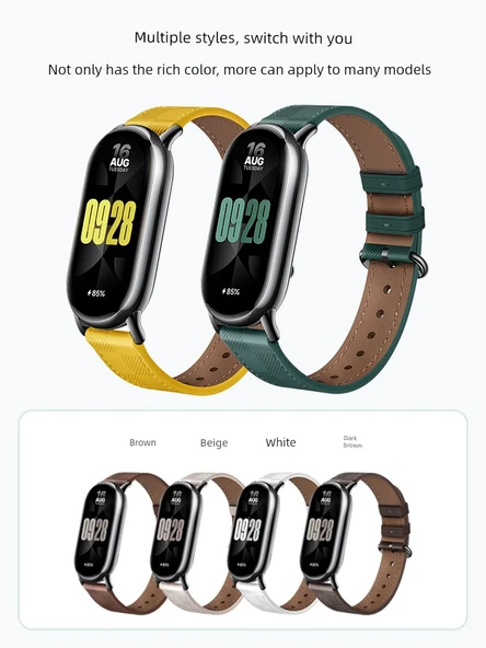 Xiaomi Mi Band 8/9 NFC Uyumlu Deri Kordon - Zeytin Yeşili + Siyah Bağlantı + Ekran Koruyucu - 5