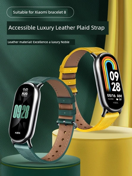 Xiaomi Mi Band 8/9 NFC Uyumlu Deri Kordon - Zeytin Yeşili + Siyah Bağlantı + Ekran Koruyucu - 2
