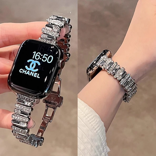 Apple Watch Metal Kayış - Elmas Kelebek Tokalı - 38/40/41mm - Gümüş - 7