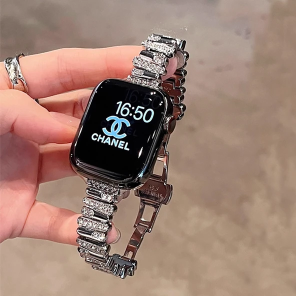 Apple Watch Metal Kayış - Elmas Kelebek Tokalı - 46mm - Siyah - Elmassız - 3