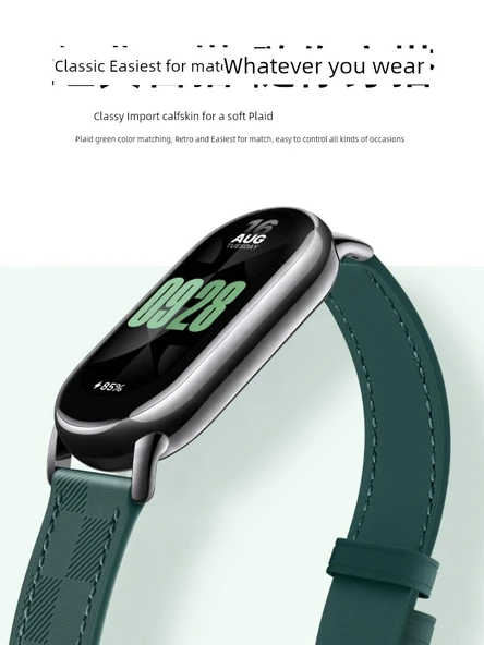 Xiaomi Mi Band 8/9 NFC Uyumlu Deri Kordon - Zeytin Yeşili + Siyah Bağlantı + Ekran Koruyucu - 4