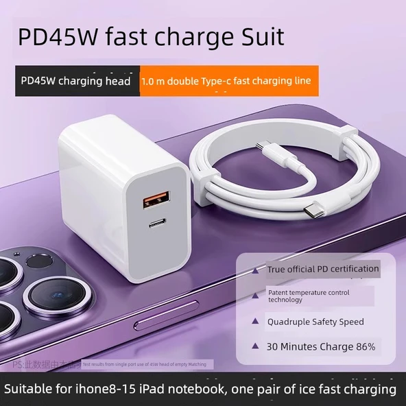 45W PD Hızlı Şarj Aleti - 45W Çift Portlu + 1m Type-C Kablo