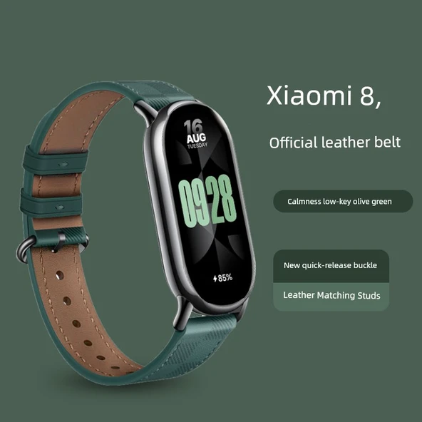 Xiaomi Mi Band 8/9 NFC Uyumlu Deri Kordon - Zeytin Yeşili + Siyah Bağlantı + Ekran Koruyucu
