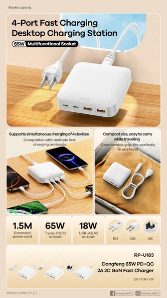 65W Çoklu Port Hızlı Şarj Masaüstü Telefon Adaptörü - 5