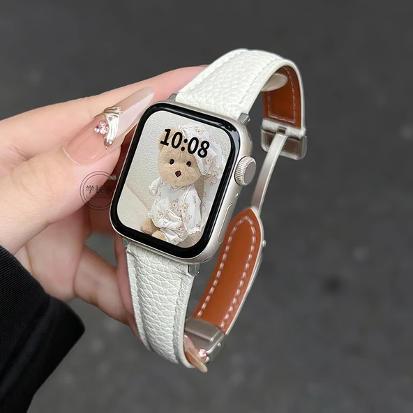 Huawei Watch FIT3 Uyumlu Litchi Desen Süt Beyazı Manyetik Tokalı Deri Kordon