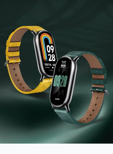 Xiaomi Mi Band 8/9 NFC Uyumlu Deri Kordon - Zeytin Yeşili + Siyah Bağlantı + Ekran Koruyucu - 10