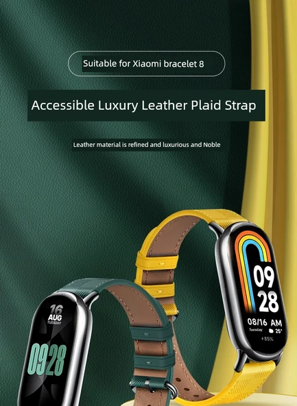 Xiaomi Mi Band 8/9 NFC Uyumlu Deri Kordon - Zeytin Yeşili + Siyah Bağlantı + Ekran Koruyucu - 7