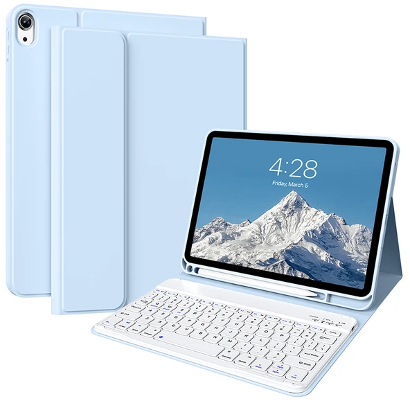 iPad 7/8/9 (10.2 inç) Beyaz Klavye + Buz Beyazı Koruyucu Kılıf