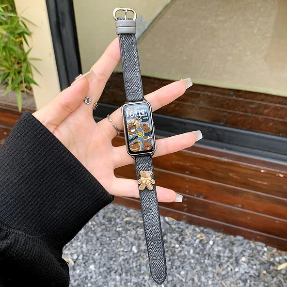 Huawei Bileklik 9/NFC Uyumlu Denim Baskılı Ayı Desenli Siyah Kordon