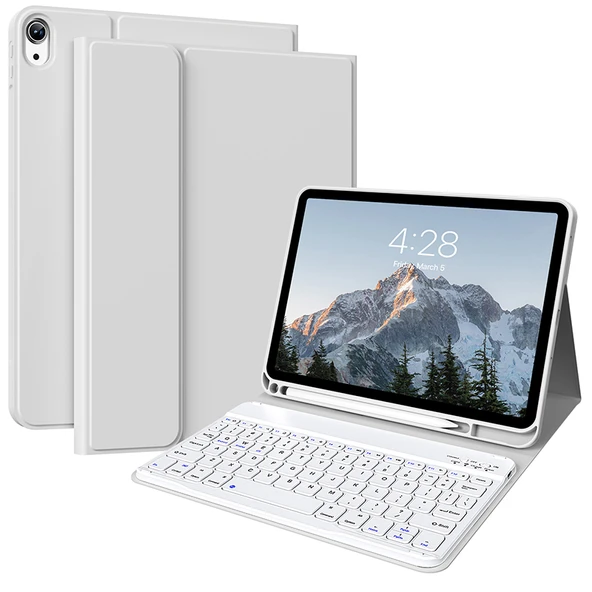 iPad Air 4/5 (10.9 inç) Beyaz Klavye + Gri Koruyucu Kılıf