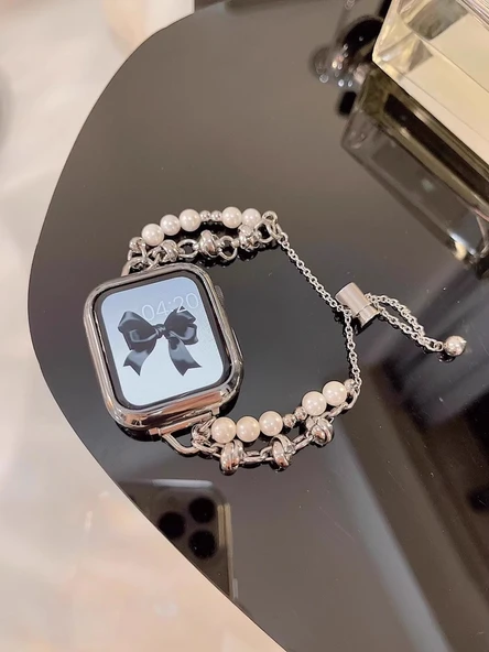 iWatch 4/5/6/SE 40mm İnci Detaylı Gümüş Metal Kordon
