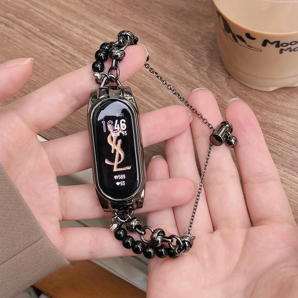 Xiaomi Mi Band 8 için Metal İnci Bileklik - Siyah
