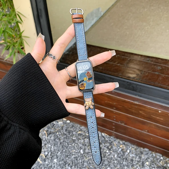 Huawei FIT/New/Elegant Uyumlu Denim Baskılı Ayı Desenli Mavi Kordon