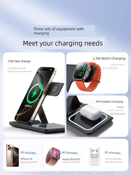 3'ü 1 Arada Katlanabilir Beyaz Kablosuz Şarj Aleti - Apple Watch, iPhone, AirPods - 2