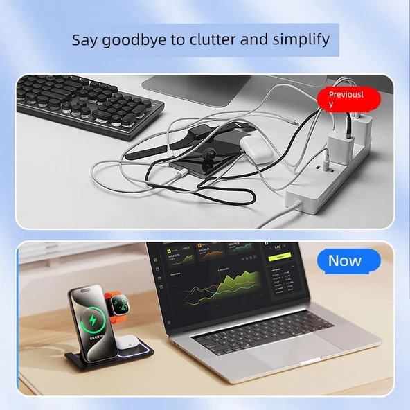 3'ü 1 Arada Katlanabilir Beyaz Kablosuz Şarj Aleti - Apple Watch, iPhone, AirPods - 6