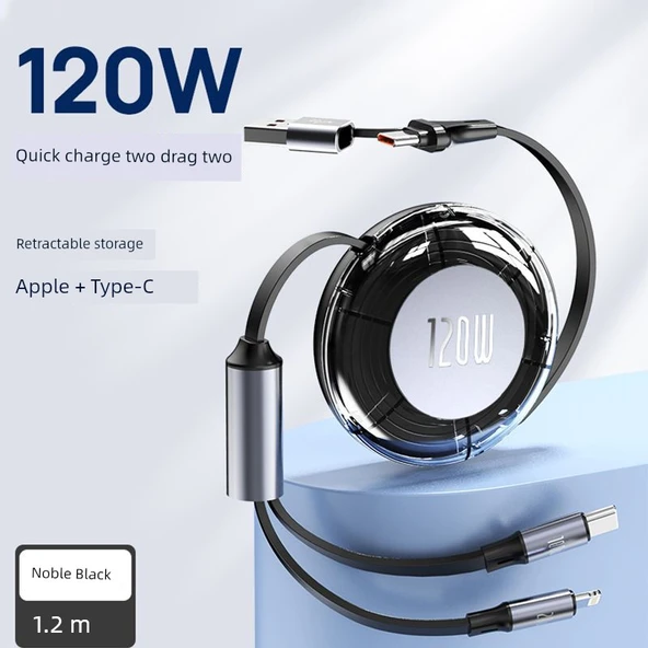 2'si 1 Arada USB Data Şarj Kablosu - Geri Çekilebilir - 120cm - Lacivert - 4