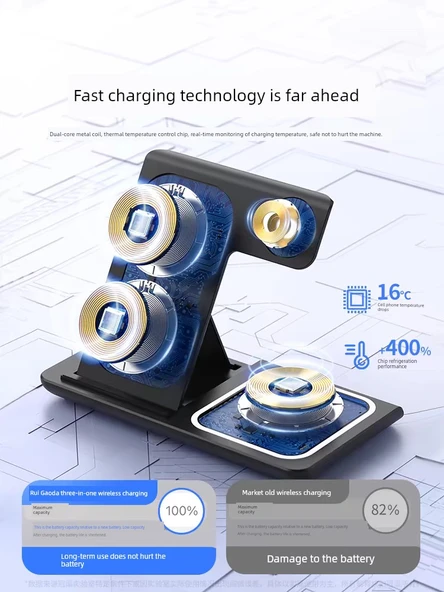 3'ü 1 Arada Katlanabilir Beyaz Kablosuz Şarj Aleti - Apple Watch, iPhone, AirPods - 3