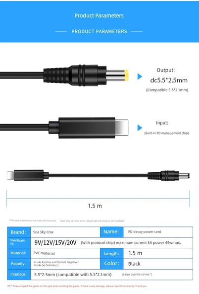 Type-C - DC12V 3A Kablo - 1.5 Metre - DC5.5mm Arayüz - 11