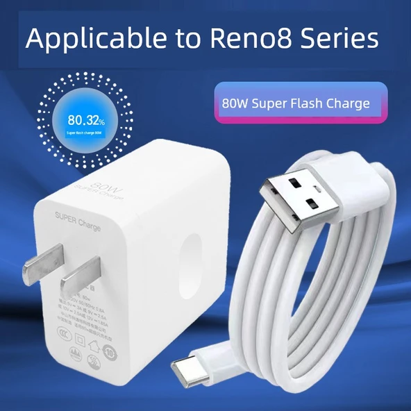 OPPO Reno8 Serisi 80W Süper Hızlı Şarj Aleti + 1 Metre + 2 Metre Kablo