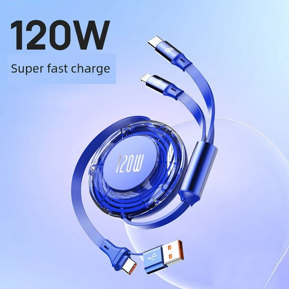 2'si 1 Arada USB Data Şarj Kablosu - Geri Çekilebilir - 120cm - Lacivert