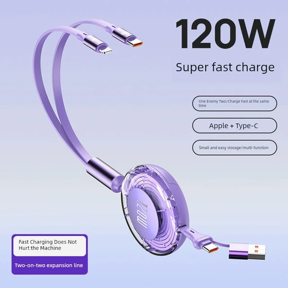 2'si 1 Arada USB Data Şarj Kablosu - Geri Çekilebilir - 120cm - Lacivert - 2