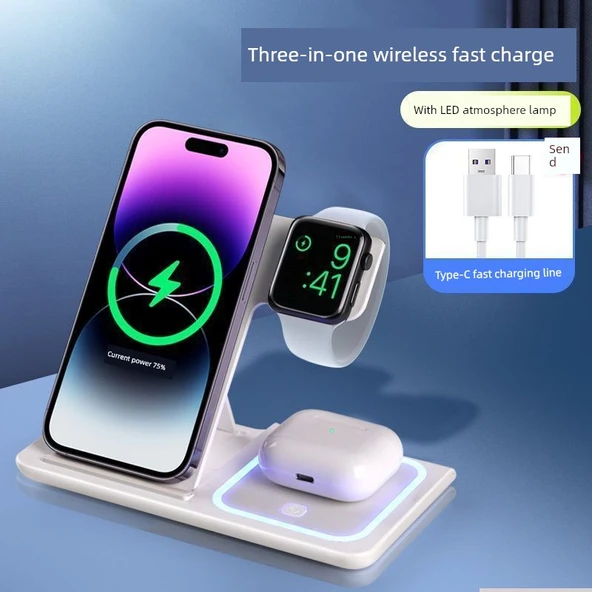 3'ü 1 Arada Katlanabilir Beyaz Kablosuz Şarj Aleti - Apple Watch, iPhone, AirPods