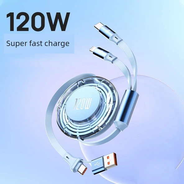 2'si 1 Arada USB Data Şarj Kablosu - Geri Çekilebilir - 120cm - Lacivert - 5