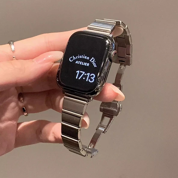 Apple Watch Paslanmaz Çelik Kelebek Tokalı Bambu Kordon - Gümüş iwatchS10-42mm - 4