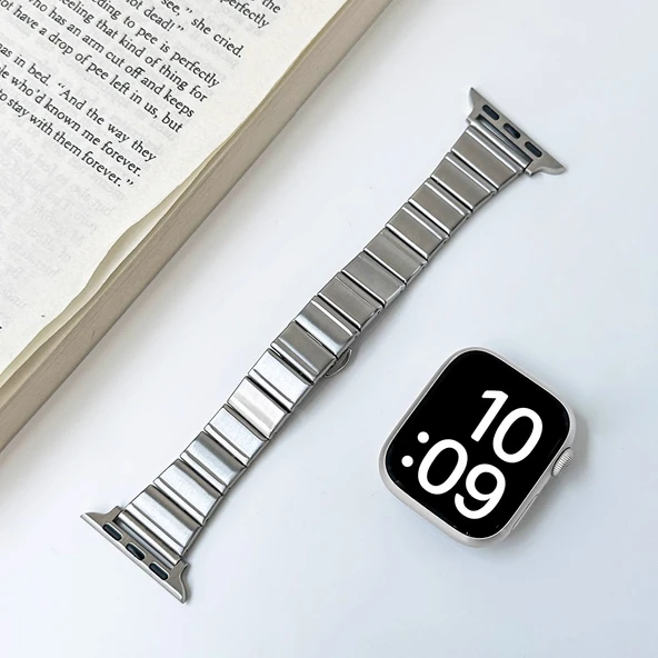 Apple Watch Paslanmaz Çelik Kelebek Tokalı Bambu Kordon - Gümüş iwatchS10-42mm