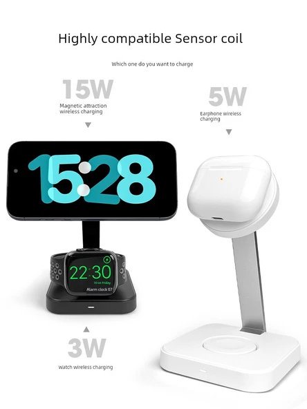 3'ü 1 Arada Kablosuz Şarj Standı - Apple 12/13/14/15/16 (Kılıfsız veya Manyetik Kılıflı) - 3
