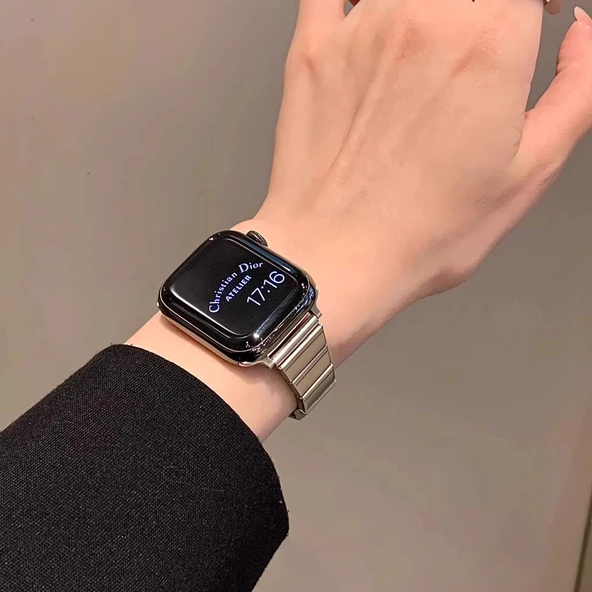 Apple Watch Paslanmaz Çelik Kelebek Tokalı Bambu Kordon - Gümüş iwatchS10-42mm - 5