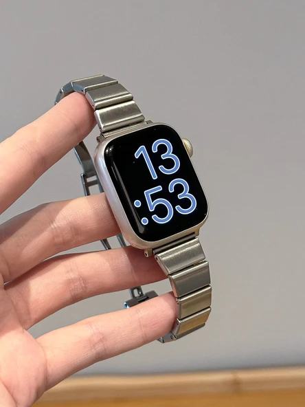 Apple Watch Paslanmaz Çelik Kelebek Tokalı Bambu Kordon - Gümüş iwatchS10-42mm - 7