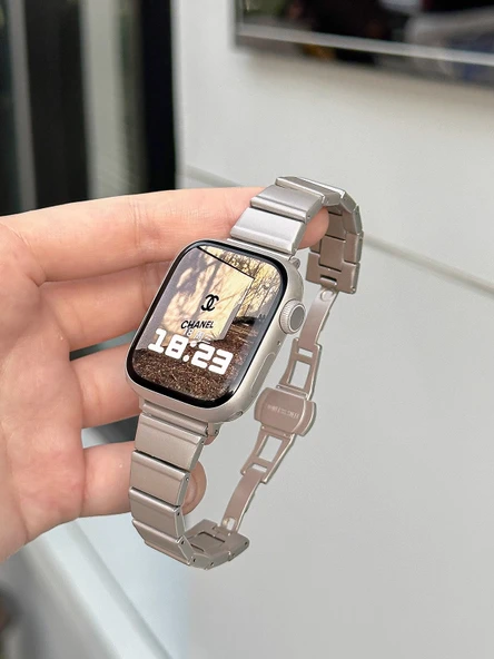 Apple Watch Paslanmaz Çelik Kelebek Tokalı Bambu Kordon - Gümüş iwatchS10-42mm - 10