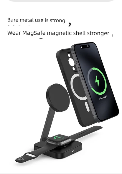 3'ü 1 Arada Kablosuz Şarj Standı - Apple 12/13/14/15/16 (Kılıfsız veya Manyetik Kılıflı) - 11