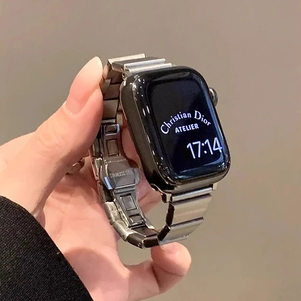 Apple Watch Paslanmaz Çelik Kelebek Tokalı Bambu Kordon - Gümüş iwatchS10-42mm - 3