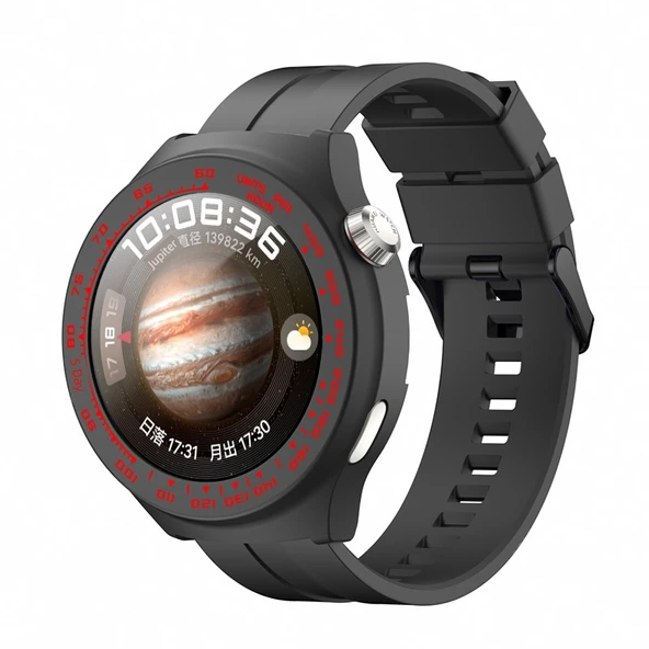 Huawei Watch4 Koruyucu Kılıf Li Shi Kırmızı Desenli Siyah Kordonlu